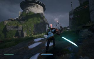 Cal Charges headlong into a group of Storm Troopers.