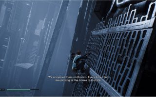 Cal climbs his way through a crashed imperial destroyer.